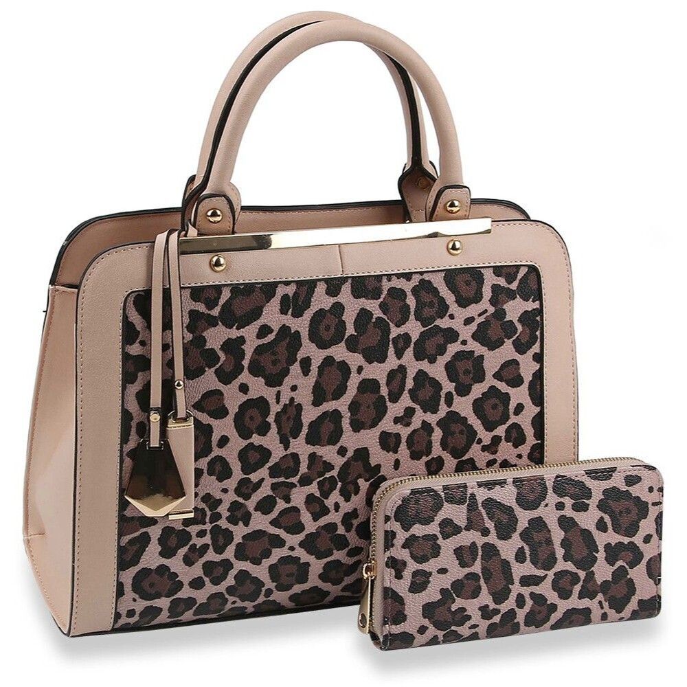 Women 2Pcs Leopard Print Shoulder Bag Set Satchel Totes Handbag Purse